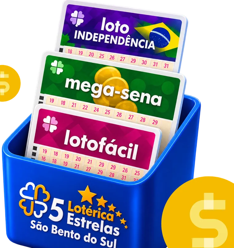 Caixa azul da Lotérica 5 Estrelas com volantes da Mega-Sena, Lotofácil e Loto Independência